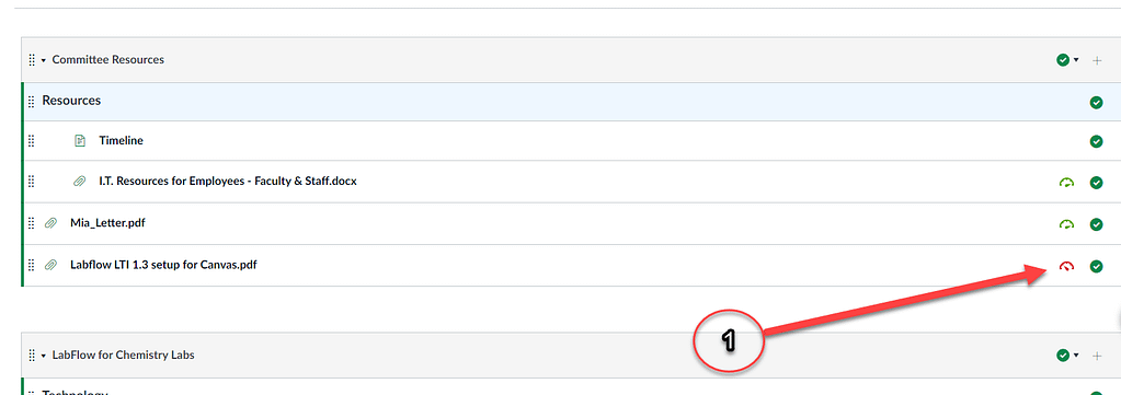 Canvas modules page with items listed in a module. Highlighted is one file with red gauge icon containing the Ally accessibility score.