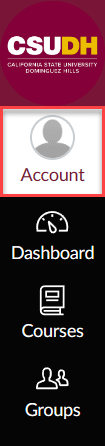 Global navigation bar with links for account, dashboard, courses, and groups. Account is highlighted.