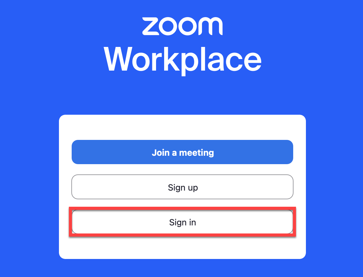 Zoom launch screen with buttons to join a meeting, sign up and sign in.